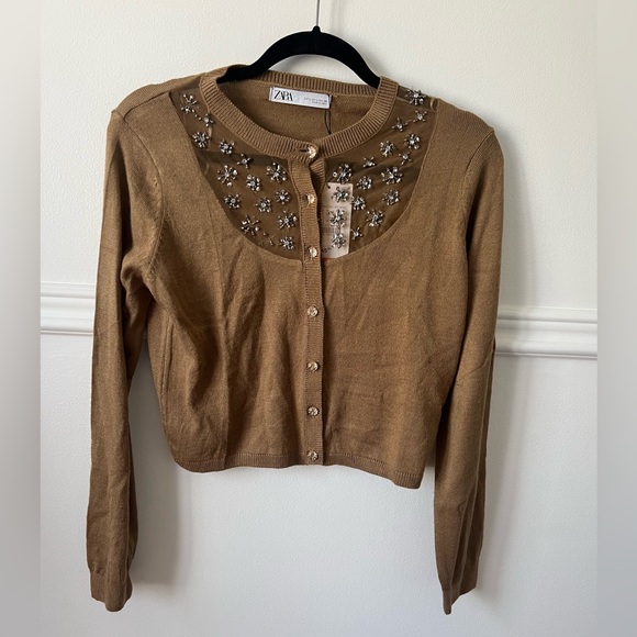 Zara Tops - NEW with tags Zara cardigan tan brown button up rhinestone diamond floral